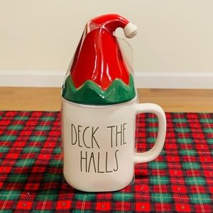 Rae Dunn DECK THER HALLS mug and santa topper